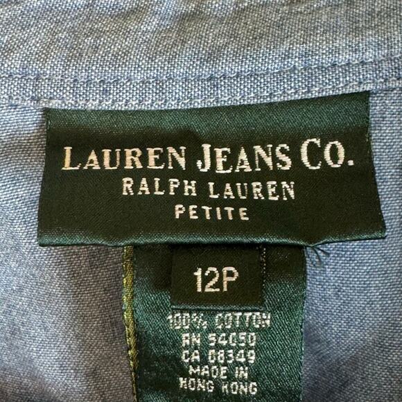 LAUREN JEANS CO Ralph Lauren Chambray Ruffle Wrap Top Blouse Womens Sz 12 Petite - Picture 6 of 15